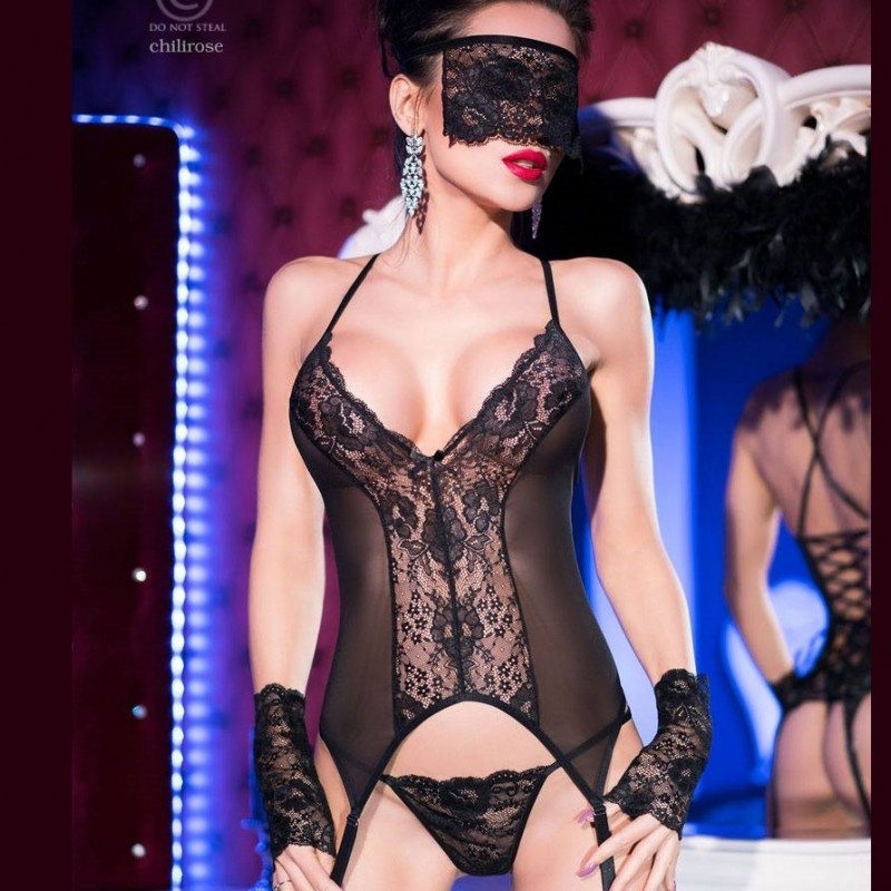 Guêpière dentelle avec masque et gants Guêpière dentelle avec masque et gants